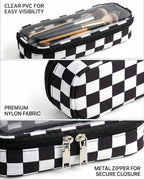 Preppy Checkered Clear Travel Makeup Brush Holder,Black and Beige Checkered Makeup Brush Toiletry Bag, Portable Cosmetic Brush Case,Transparent Waterproof Makeup Brush Storage Bag