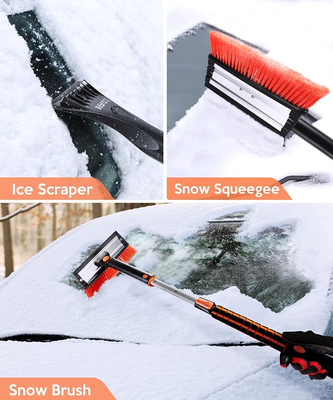 Car Snow Brush with Ice Scraper and Squeegee 3 in 1, 50" Extendable Cleaning Kit Long Handle, Windshield Snow Removal Tool Scratch Free, SUV Truck RV Window Roof Exterior Wash Supplies, Orange