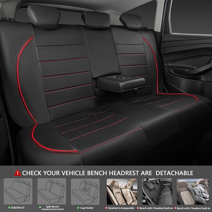Universal FIT Piping Leather Car Seat Cover, for suvs,Van,Trucks,Airbag Compatible,Inside Zipper Design and Reserved Opening Holes (Full Set, Black and Red)