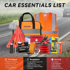 Car Emergency Safety Kit Bag with Portable Air Compressor, Jumper Cables,First Aid Kit, Tire Pressure Gauge, Auto Vehicle Safety Road Side Assistance Kits Essentials,for Women, Men, Teen