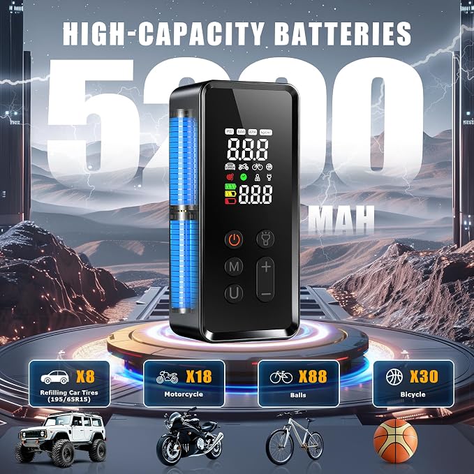 Tire Inflator Portable Air Compressor, 150PSI Cordless Air Pump for Car Tires with Digital Dual Values Display, Auto Shut Off & LED Emergency Light, Smart Air Pump for Car, Motorcycle, Bike, Ball