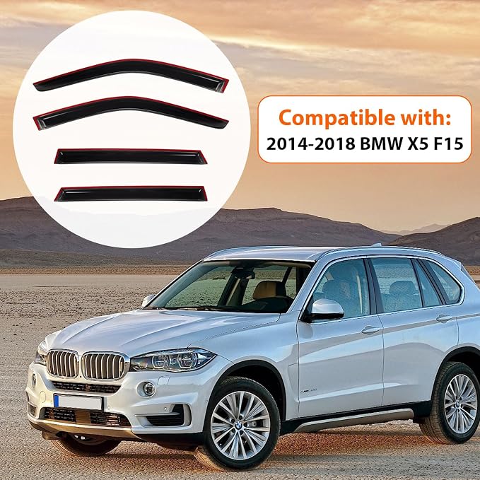 Rain Guards Compatible with 2014-2018 BMW X5 F15, Front+Rear Smoke Tint Tape-On Side Window Visor Wind Deflector Vent Visors Car Accessories 4pcs