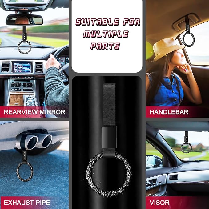 Round Car Handle Strap Drift Charm Car Accessories Bling Handle Ring for Women Rear Bumper Warning Ring Decor for Auto Bus Interior Exterior Decoration (Black, Round Style)