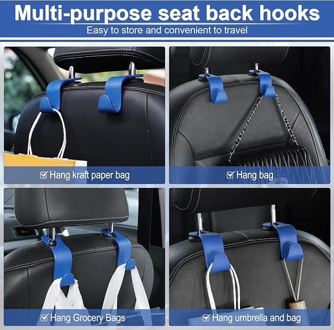 Car Seat Headrest Hook, Car Headrest Hidden Hook, 4 Pack Universal Auto Car Back Seat Hook Organizer for Purse Coat, Car Interior Accessories (Blue)