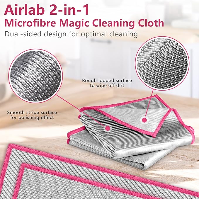 Airlab Glass Polishing Cloth Streak Free Miracle Cleaning Cloth Lint Free Microfiber Cleaning Rags for Glasses Kitchen Dish Mirrors Easy Clean, Pack of 6, 12" x 12", Sliver-Pink