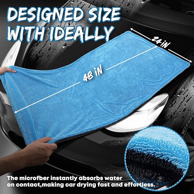 48”x24” Car Drying Towel for Full-Sized SUV, Dual Sided Microfiber Car Cleaning Towel with Twisting Yarn Technique, 1400GSM Super Absorbent Scratch-Free, Machine Washable (Dark Gray - Blue)