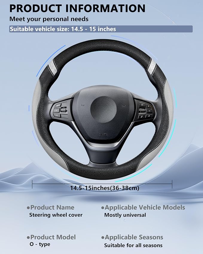 Steering Wheel Cover for Men Women Leather Universal Steering Wheel Covers for Car 15inch (Gray)