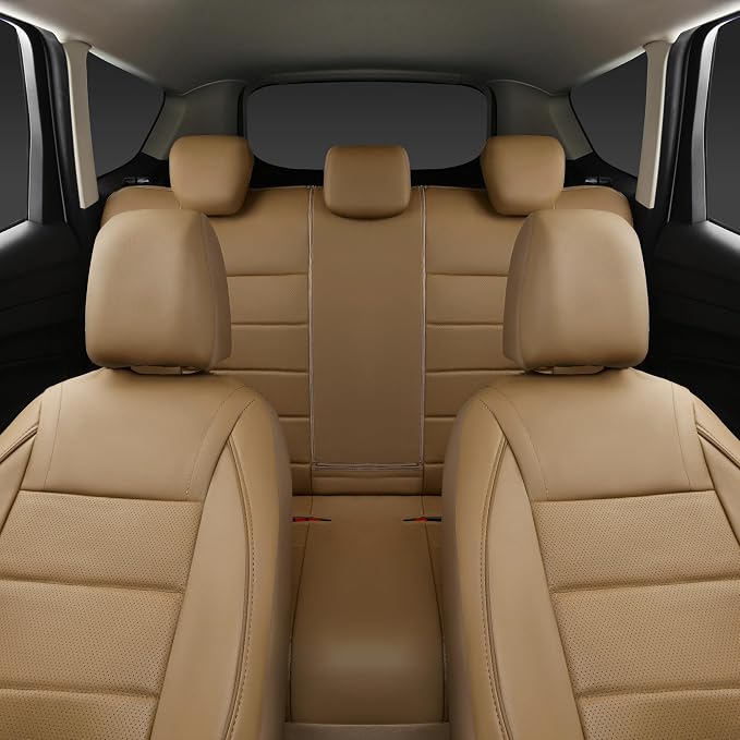 Piping Leather Seat Cover,Universal FIT with Composite Sponge Inside,Airbag Compatible and Reserved Opening Holes,Inside zipper for Cars,Sedan,SUV,Truck(Full Set,Beige with Tan Piping-Stripe)