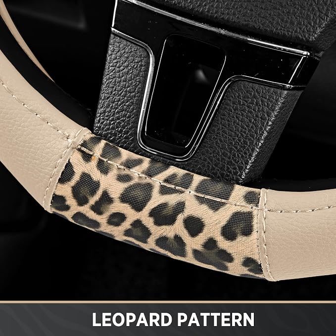 Steering Wheel Cover - Flat Bottom Wheel Cover Made with PVC Leather and Leopard Fabric - Universal Fit for 15-Inch D-Shaped Automotive Steering Wheels (Milky White)