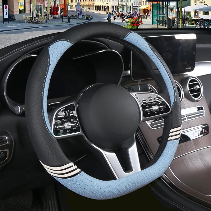 Cute Steering Wheel Cover D Shape for Women Men Breathable Universal 15 inch,Black and Blue