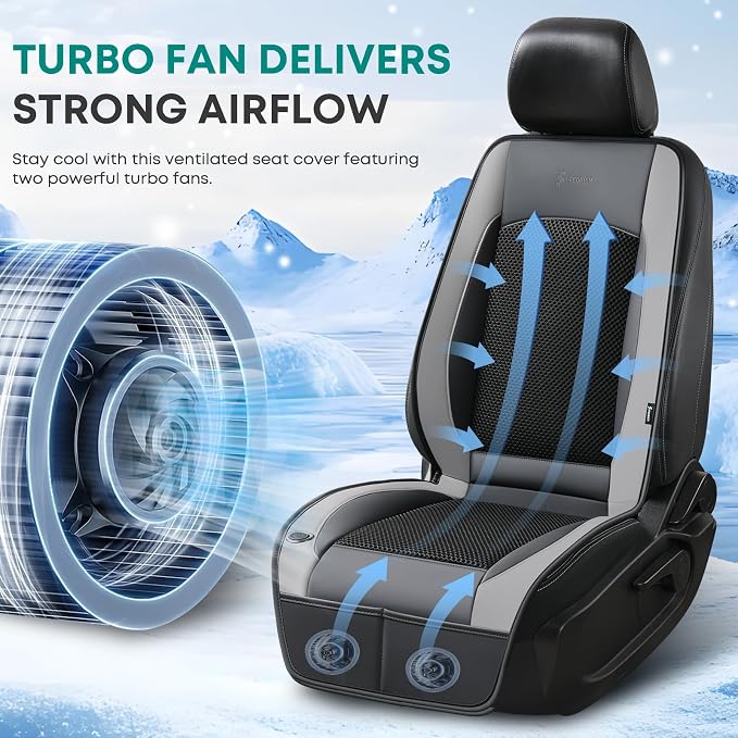 Cooling Car Seat Cover Front Seat, 12V-24V Ventilated Seat Cushion, Cooling Car Seat Cushion with 2 Powerful Turbo Fans 3-Speed Adjustable for Summer Driving, Universal Fit for Car SUV Truck