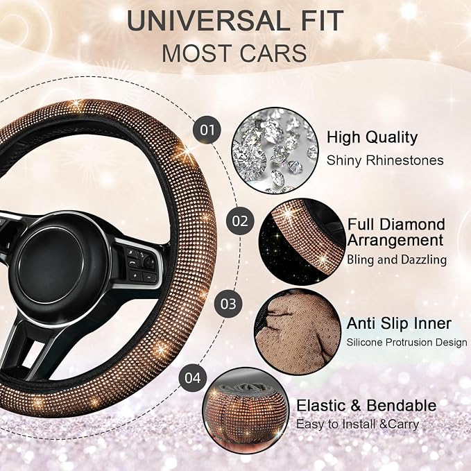 8 pcs Bling Car Accessories Set for Women, Steering Wheel Cover, Sparkly Seat Belt Covers, Bling Gear Shift Cover, Universal Fit Most Cars (Champagne Diamond)
