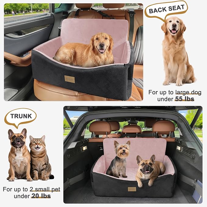 Dog Car Seat for Large Medium Sized Dogs Under 55 lbs, Dog Booster Seat for 2 Small Dogs with Detachable Washable Cover, Memory Foam Pet Car Seat with 2 Safety Belts and Storage Pockets