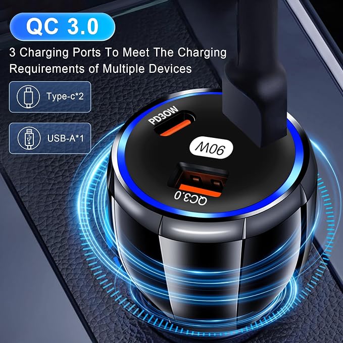Car Charger Adapter, 3 Port USB-C & USB-A 90W Fast Charger, Car Interior Accessories, Essential Travel Gifts for Men and Women, Fit for iPhone 17/16/15/14/13Pro Max, Samsung, Android (Black 1pc)
