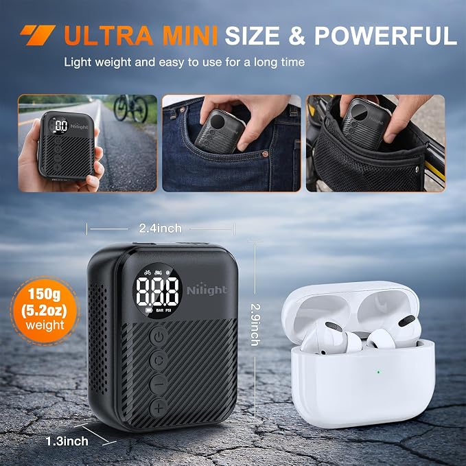 Mini Bike Pump with Gauge Fast Inflate Tiny Bicycle Air Pump Portable Air Inflator 150PSI with Presta and Schrader Valve for Road Mountain Bike E-Bike Motorcycle Ball