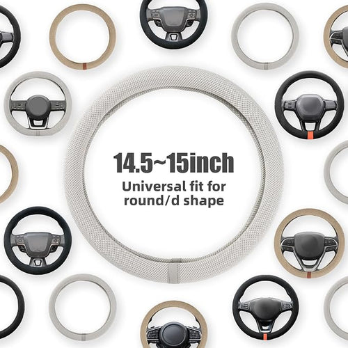 15 Inch Cooling Steering Wheel Cover for Women, Non-Slip Breathable Cooling Car Steering Wheel Cover with Upgraded Silicone Inner Ring Fits Round/D Shape, Warm in Winter Cool in Summer, White Gray