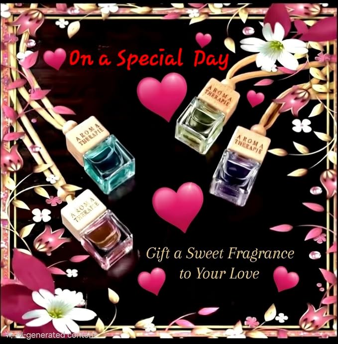 Aromatherapy Car Air Freshener, Natural Fragrance Hanging Diffuser, Long Lasting, Multiple Scents Including Peach, Vanilla Cream, Pink Coconut, and Freesia, Glass Bottle with Wooden Cap, 4pcs