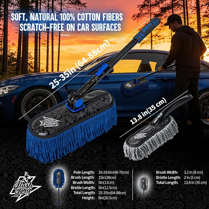 Car Duster Exterior with Car Duster Interior | Wax Cotton Hair Scratch Free Cleaning for Cars, SUVs, Trucks | Waterless Dust Remover & Detailing Brushes Set with Storage