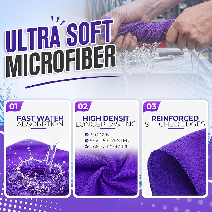 Microfiber Cleaning Cloths for Cars Ultra Absorbent Car Towels Drying Reusable Cleaning Supplies House Kitchen Window Microfiber Towel (12 x 12 Inch, Purple, 60 Pcs)