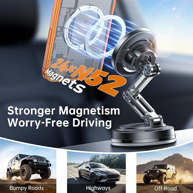 for MagSafe Car Mount [3-Axis Adjustable], Vacuum Magnetic Phone Holder with Replaceable Suction Cup Dashboard/Windshield, 360° Rotation & Foldable, for iPhone 17-12 Pro Max Plus
