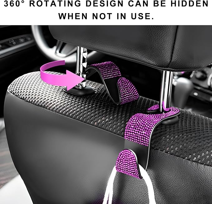 4 PCS Car Seat Headrest Hooks, Bling Crystal Rhinestone Back Seat Hanger Storage Organizer, Sparkly Seatback Holder Hooks for Purse and Bags Universal For Most Vehicles (Pink)