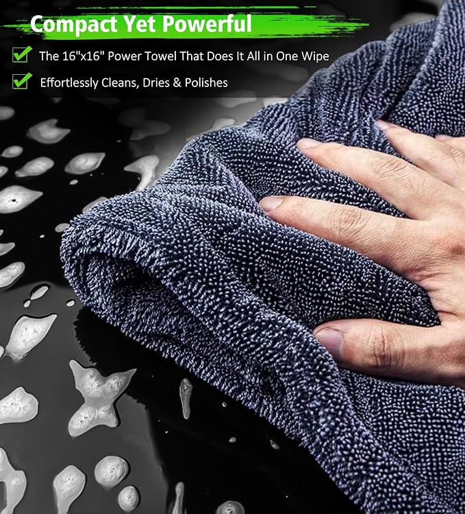 2-Pack 16"x16" Car Detailing Drying Towels, 1400 GSM Microfiber Drying Towels, for Final Water Chasing, Safe Drying of Gaps, Mirrors & Vehicle Interiors, Green