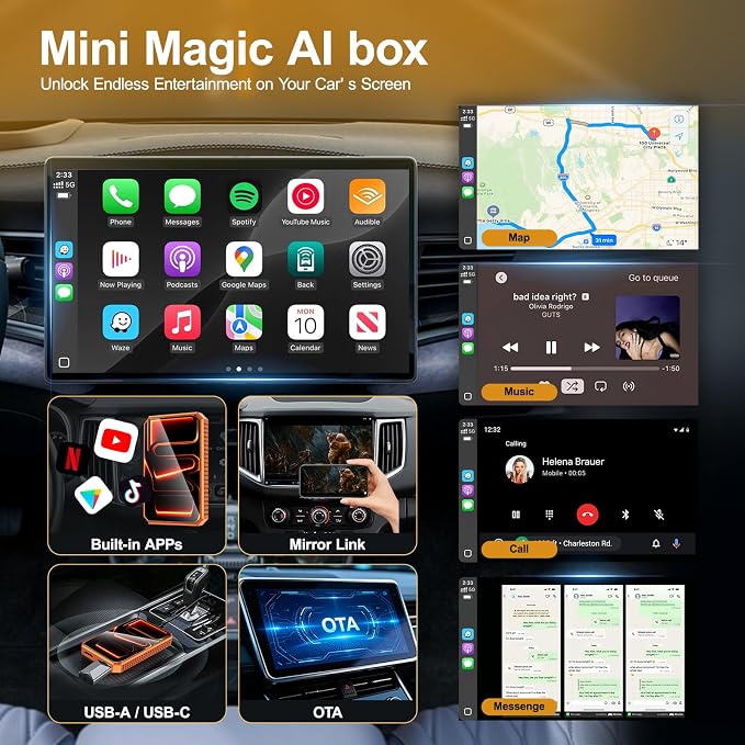 Wireless CarPlay Android Auto Adapter with HDMI & USB Port, Magic AI Box Built-in Play Store YouTube, TikTok, and Screen Mirroring, Plug and Play Wireless CarPlay Converter