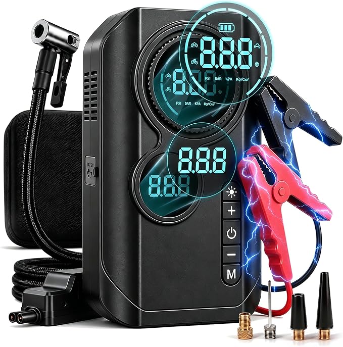 9000A Jump Starter with Air Compressor, 12V Battery Jump Box with Air Pump | Portable Car Battery Jump Starter and 150PSI Tire Inflator with 8000mAh Power Bank, LED Light, Dual LCD Screen and EVA case