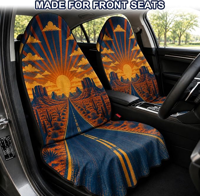 Car Seat Towel Cover 2 Pack for Front Seats, Sweat Absorbent Car Seat Protector with Non-Slip Backing, Waterproof Towel Car Seat Covers for Runners, Gym, Swimming, Beach, Desert Road Sunset
