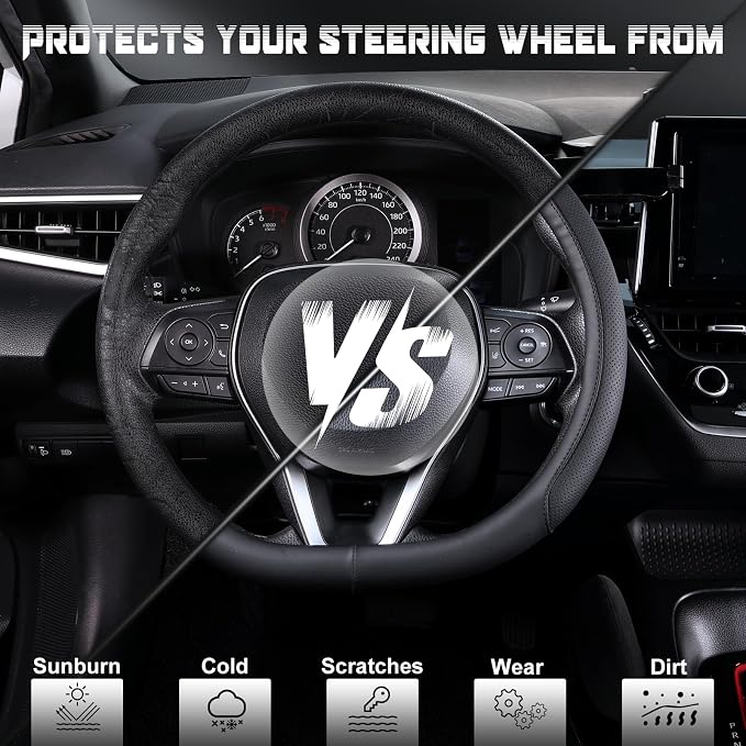 D Shaped Steering Wheel Cover for 14.5-15 inch Flat Bottom Wheels, Breathable Perforated Microfiber Leather, Anti-Slip Grip, Universal Fit for Cars & SUVs, Black