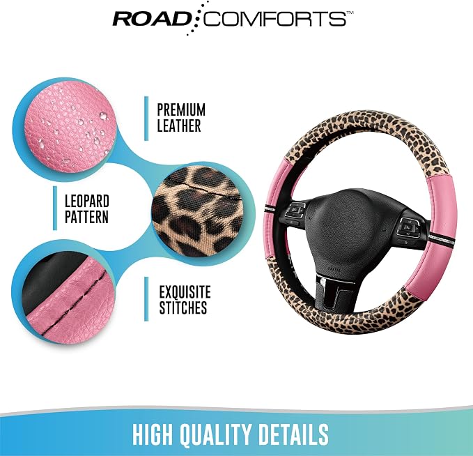 Leopard Steering Wheel Cover for Women, Cute Anti-Slip Microfiber Leather, Universal Fit 14.5-15 Inch Round Steering Wheel - Pink