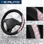 Steering Wheel Cover, Pink Sparkly Crystal Bling Glitter with Leather, Universal Fit 14.5"-15.5" Car Steering Wheels for Girls & Women, Anti-Slip Wheels Cover for Cars, Trucks, Van, SUVs