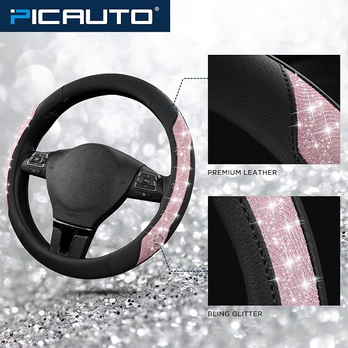 Steering Wheel Cover, Pink Sparkly Crystal Bling Glitter with Leather, Universal Fit 14.5"-15.5" Car Steering Wheels for Girls & Women, Anti-Slip Wheels Cover for Cars, Trucks, Van, SUVs