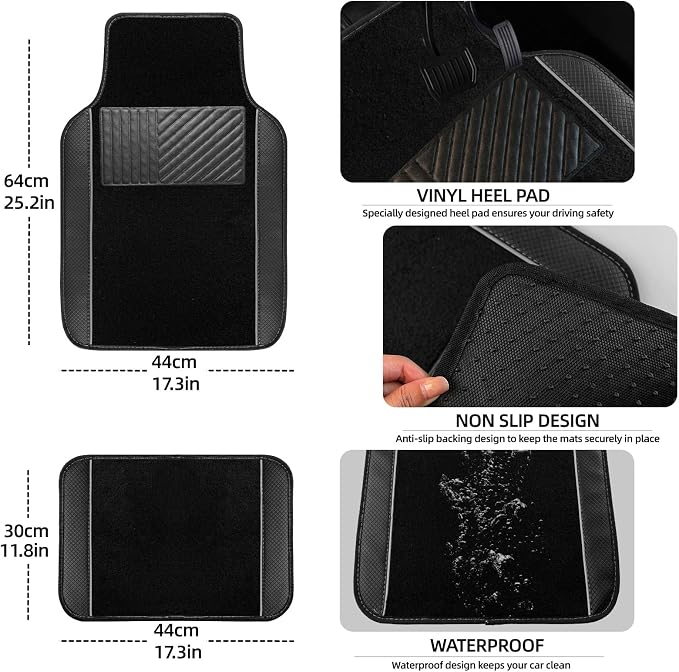 10 Pcs Car Floor Mats Full Set Car Accessories, Microfiber Leather Steering Wheel Covers 14.5-15 inch, Center Console Cover, Seat Belt Pads, Cup Coasters, Universal Interior Decor(Grey)
