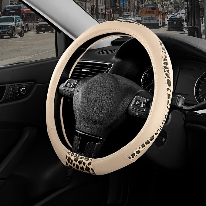 Steering Wheel Cover - Flat Bottom Wheel Cover Made with PVC Leather and Leopard Fabric - Universal Fit for 15-Inch D-Shaped Automotive Steering Wheels (Milky White)