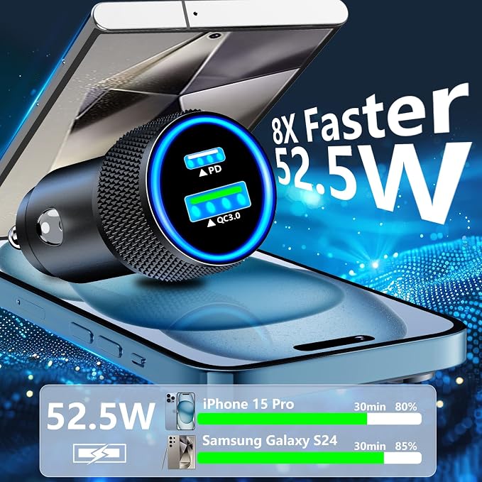 [Apple MFi Certified] iPhone 17 Car Charger, KYOHAYA 52.5W PD/QC Car Power Adapter USB-C Car Charger Cigarette Lighter with Type-C Braided Cable for iPhone 17/17 Pro Max/16 Pro/15/Galaxy S26/S25/Pixel