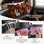 2PCS Satin Bow Pearl Car Seat Headrest Hooks – Car Bag Holder & Vehicle Hanger for Purses – Cute Coquette Aesthetic Interior Decoration – Cute Auto Organizer Accessories Universal (Woody Brown)