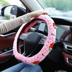 Crochet Steering Wheel Cover Set,Cute Car Steering Wheel Cover Boho 14-15in,Pink Strawberry Granny Square Pattern,Women Car Accessories (Wheel Cover Set)