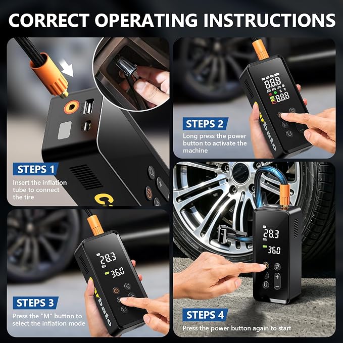 Tire Inflator Portable Air Compressor, 150PSI Cordless Air Pump for Car Tires with Digital Dual Values Display, Auto Shut Off & LED Emergency Light, Smart Air Pump for Car, Motorcycle, Bike, Ball