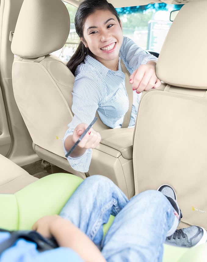 Luxury Clean-Edge Kick Mats - Tapered Design Seat Back Protectors and Seat Covers with Invisible Strap and Stiff Edging (2 Mats)