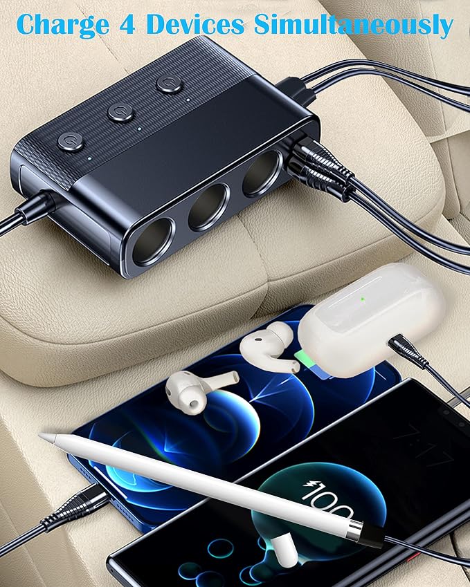 7-1 Cigarette Lighter Splitter, 3-Socket Adapter with PD 30W Type-C | 12V/24V Car Charger, QC3.0 & Dual USB Ports, Independent Switches, Voltage Display, 3.3FT Extension Cord for Truck RV SUV