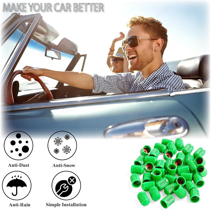 100PCS Tire Valve Stem Caps, Corrosion Resistant, with O Rubber Ring, Airtight Seal Heavy Duty Dustproof Tire Valve Stem Covers for Cars, SUV, Trucks, Bikes, Motorcycles, Bicycles(Green)
