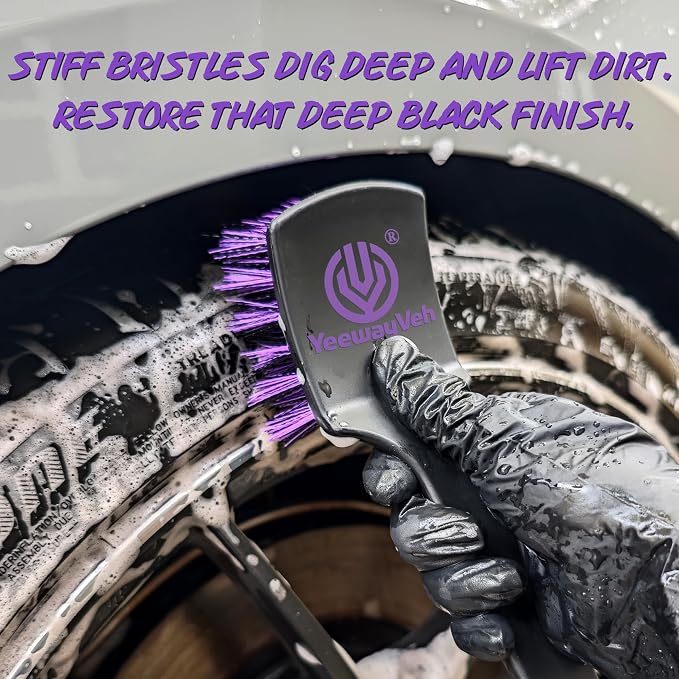 Pro Tire Cleaning Brush, Stiff Mixed Bristles Tire Cleaner, Short Handle Scrub Brush for Cleaning Sidewalls, Rubber Mats & Wheels, Anti-Deformation Tyre Detailing Tool, Purple/Black