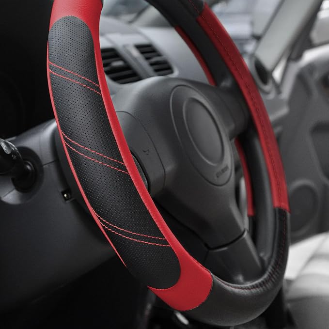 Leather Steering Wheel Cover 14 1/2 to 15 inch Universal Padded Soft Grip Breathable for Car Truck SUV Jeep Anti Slip Black and Red