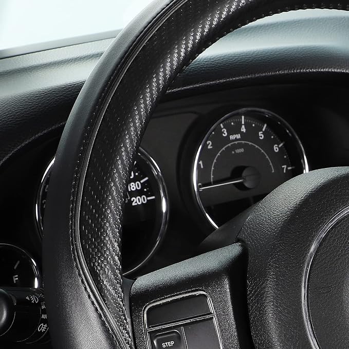 Car Steering Wheel Cover Large-Size for F150 F250 F350 Ram 4Runner Tacoma Tundra Range Rover with 15 1/2"-16" Outer Diameter Leather with Carbon Fiber Pattern Black