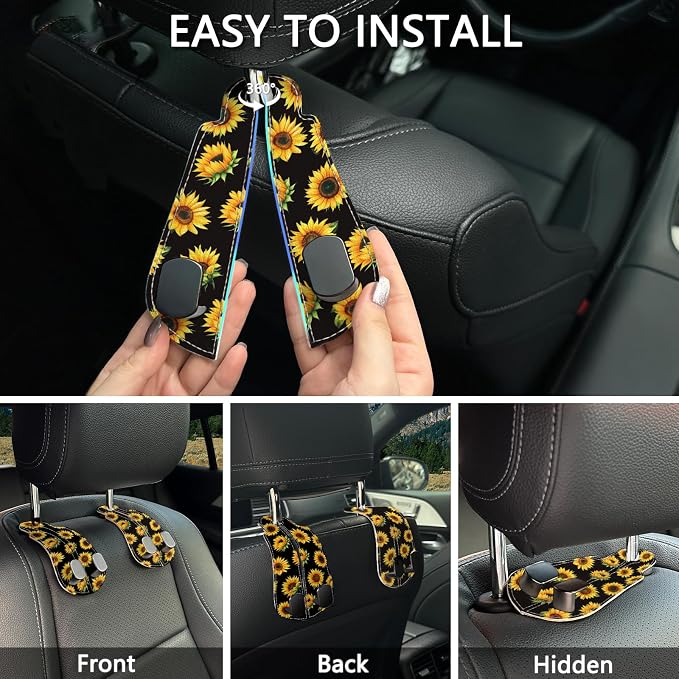 2PCS Car Seat Back Storage Headrest Hooks, Sunflower Purse Holder Bags Hanger, PU Leather Double Metal Hook for Backseat Organizer, Women Car Accessories Organization