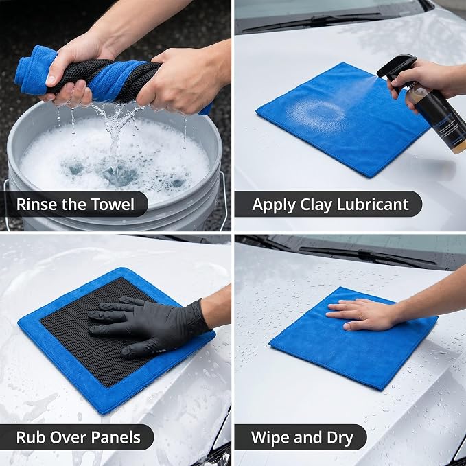 Clay Towel - Auto Detailing Clay bar Towel - Decontaminate Paint and Glass for Smoth Washing - Improve Wax and Sealant Bonding, Enhance Gloss and Color Depth - 3 Pcs 12" x 12"（Blue） (Blue)