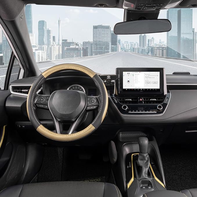 Steering Wheel Cover for Car, Standard Size 14.5-15 inch, Auto Interior Accessories, Black with Golden Carbon Fiber Pattern