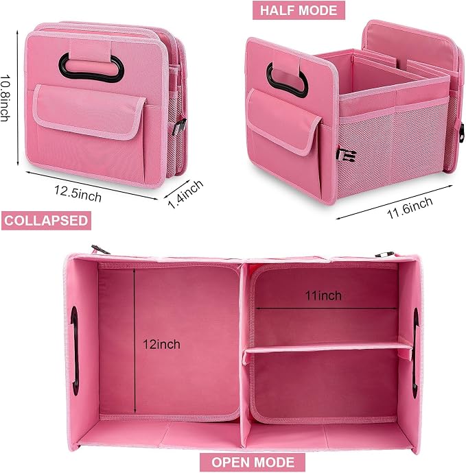 Car Trunk Organizer, Car Organizers and Storage Collapsible Multi Compartment Container Box, Adjustable Car Accessories for SUV Sedan Truck, Standard Size, Pink