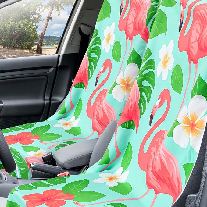 Car Seat Towel Covers with Storage Bag, 63 x 32 Inch Universal Non Slip Waterproof Sweat Protector for Car Truck, Gym Swimming Running, Machine Washable(2 Pack,Green Leaf Flamingo)